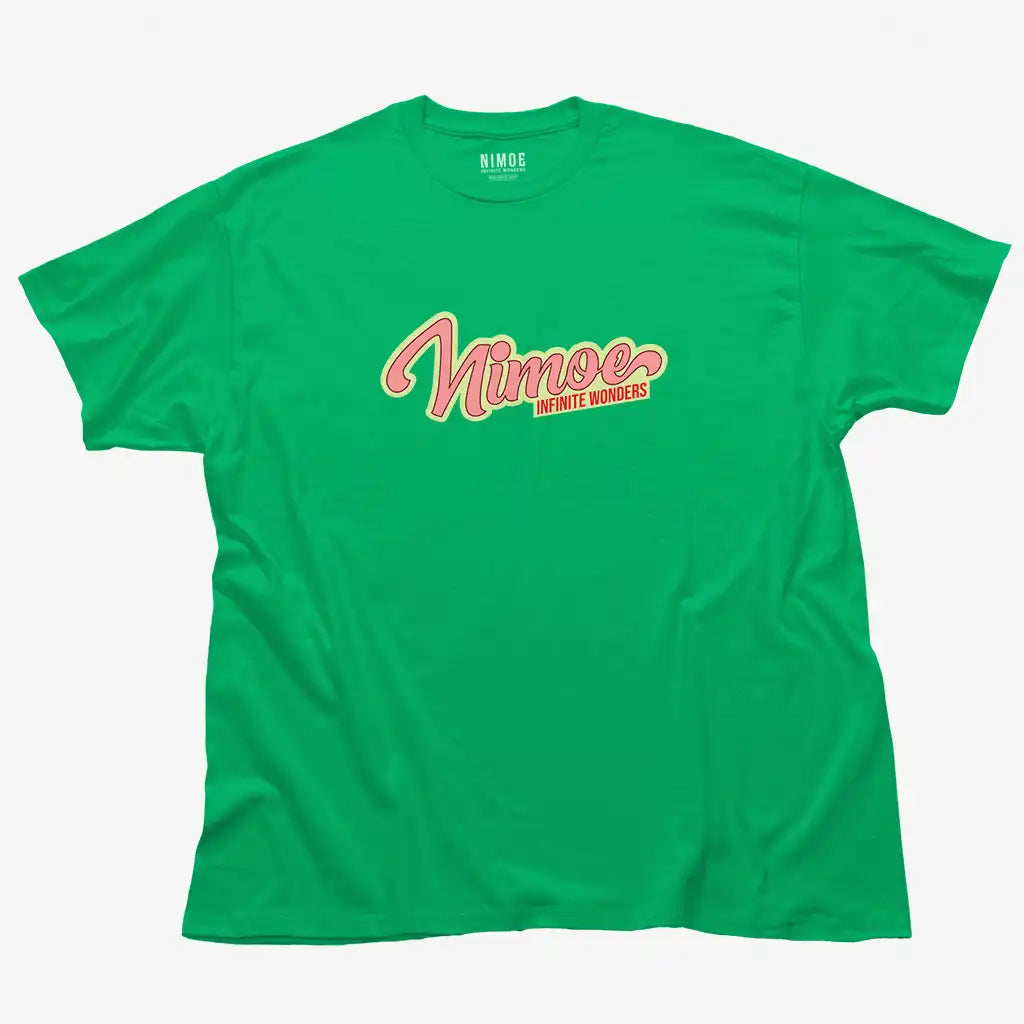 Nimoe N.03 unisex classic t-shirt in irish green color displaying Nimoe logo design 50's typography design.