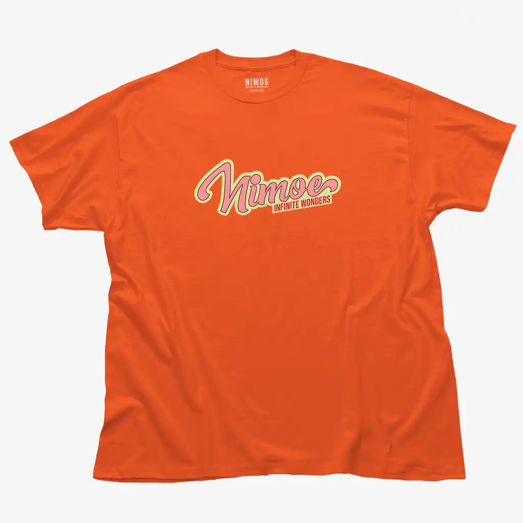 Nimoe N.03 unisex classic t-shirt in orange color displaying Nimoe logo design 50's typography design.