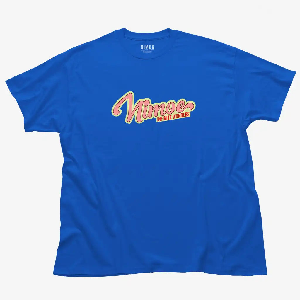 Nimoe N.03 unisex classic t-shirt in royal color displaying Nimoe logo design 50's typography design.