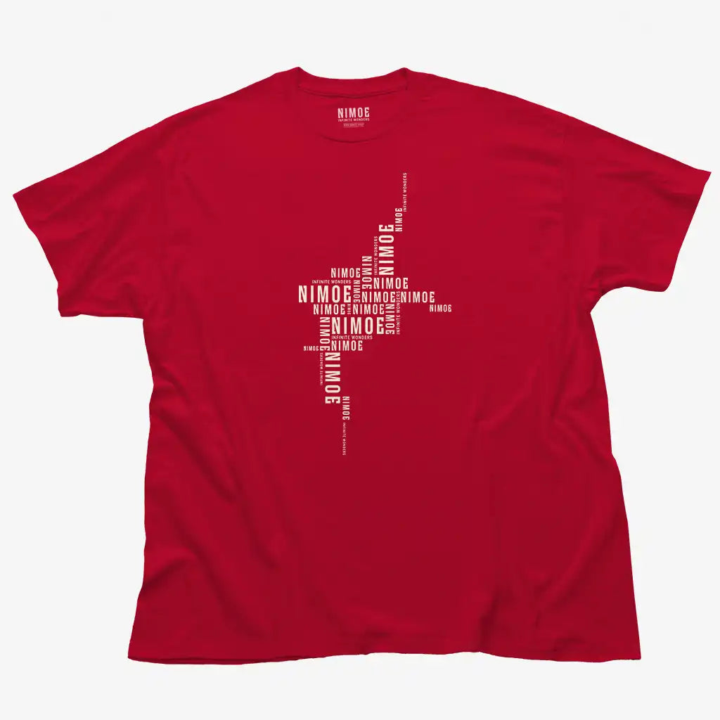 Nimoe N.04 unisex classic t-shirt in cardinal color displaying Nimoe logo design deconstructed pattern.