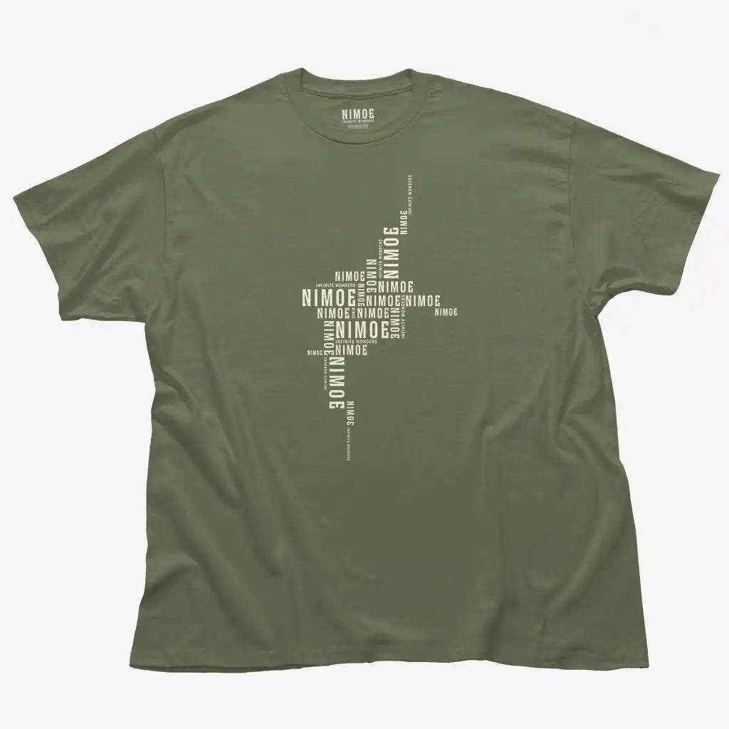 Nimoe N.04 unisex classic t-shirt in military green color displaying Nimoe logo design deconstructed pattern.