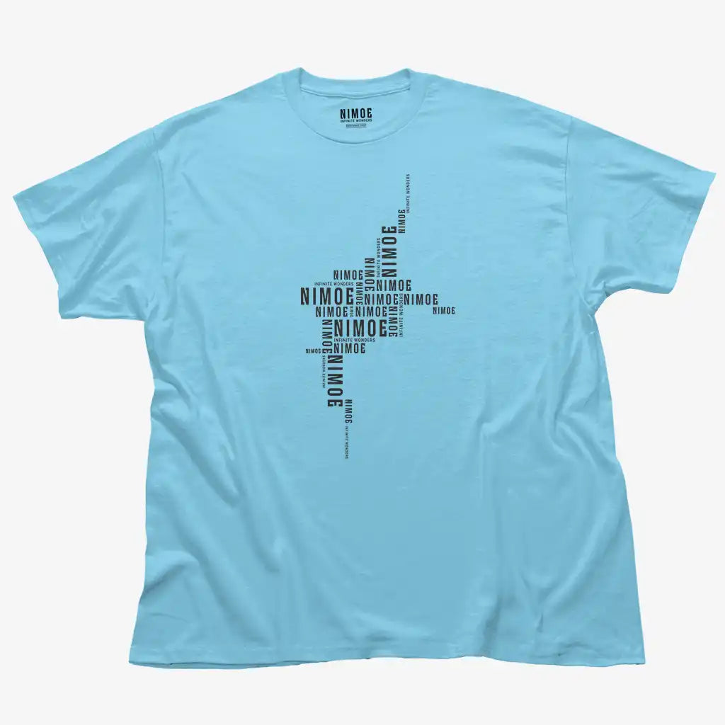 Nimoe N.04 unisex classic t-shirt in sky color displaying Nimoe logo design deconstructed pattern.