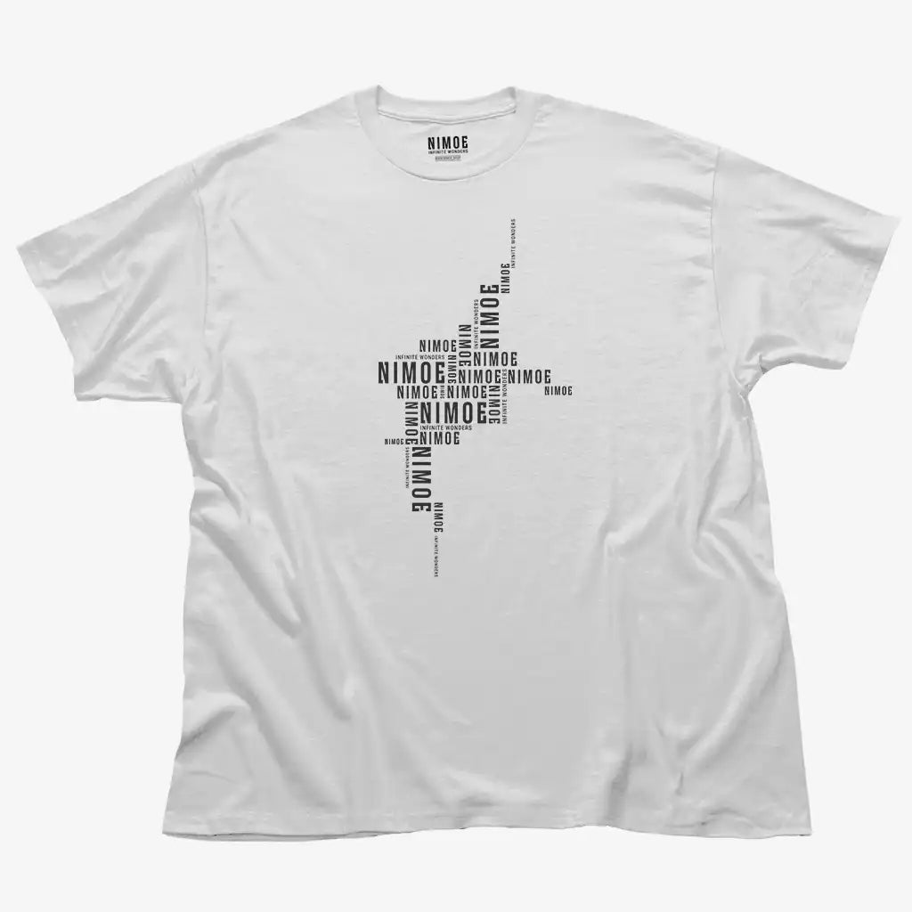 Nimoe N.04 unisex classic t-shirt in white color displaying Nimoe logo design deconstructed pattern.