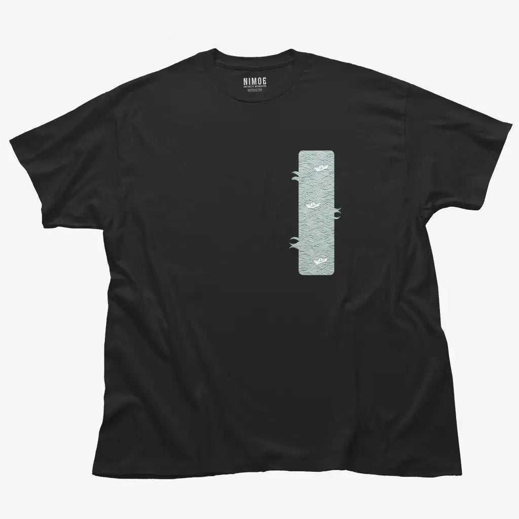 Paper boats unisex classic t-shirt in black color displaying illustration design waves with paper boat.