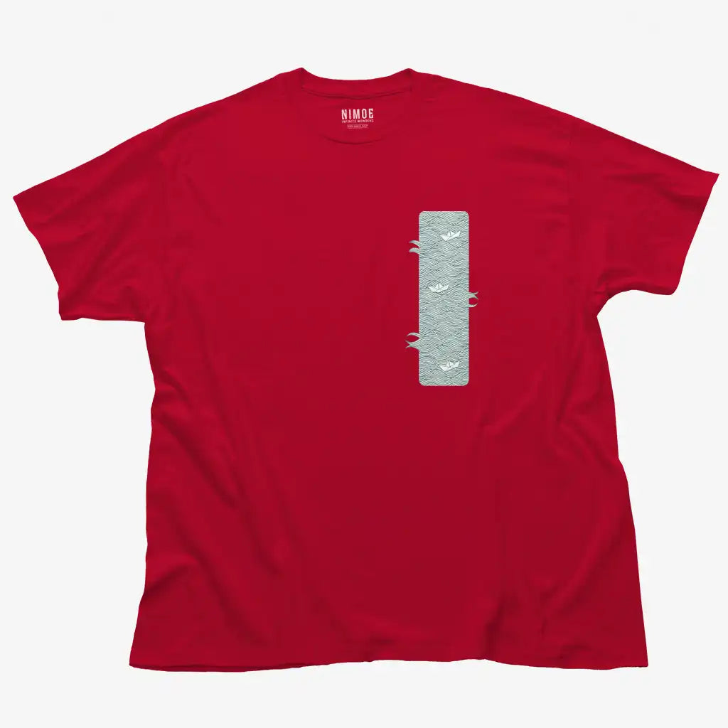 Paper boats unisex classic t-shirt in cardinal color displaying illustration design waves with paper boat.