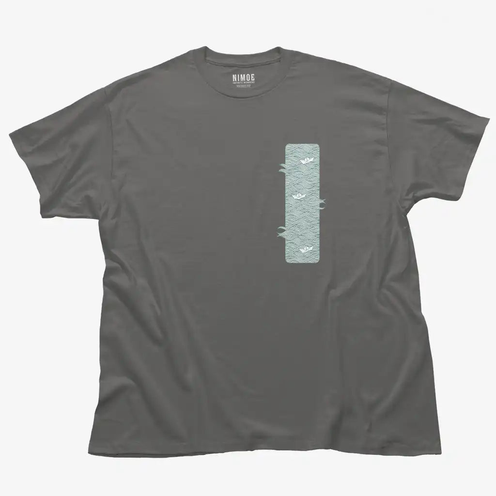 Paper boats unisex classic t-shirt in charcoal color displaying illustration design waves with paper boat.