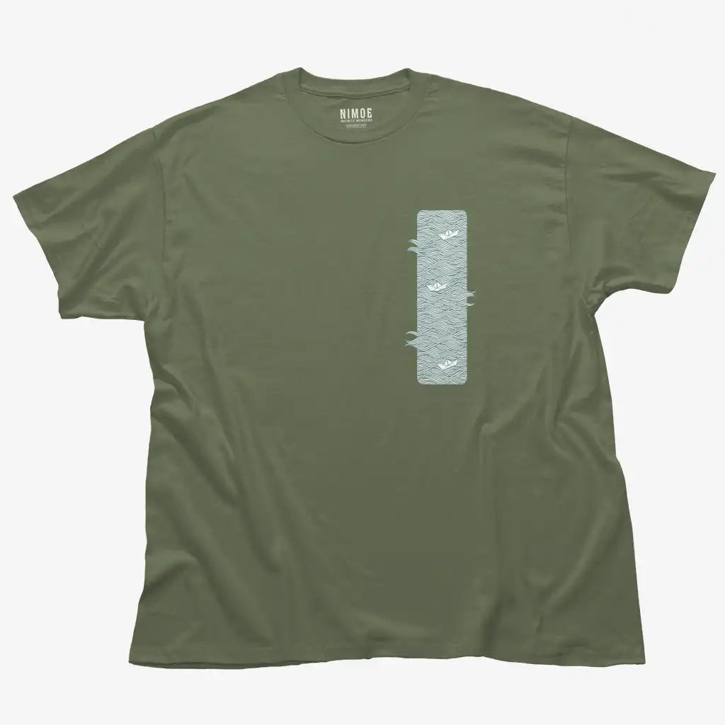 Paper boats unisex classic t-shirt in military green color displaying illustration design waves with paper boat.