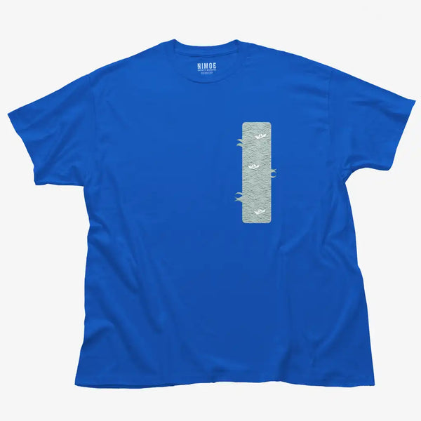Paper boats unisex classic t-shirt in royal color displaying illustration design waves with paper boat.