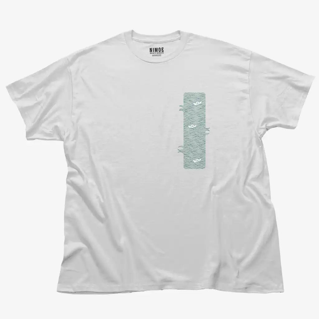 Paper boats unisex classic t-shirt in white color displaying illustration design waves with paper boat.