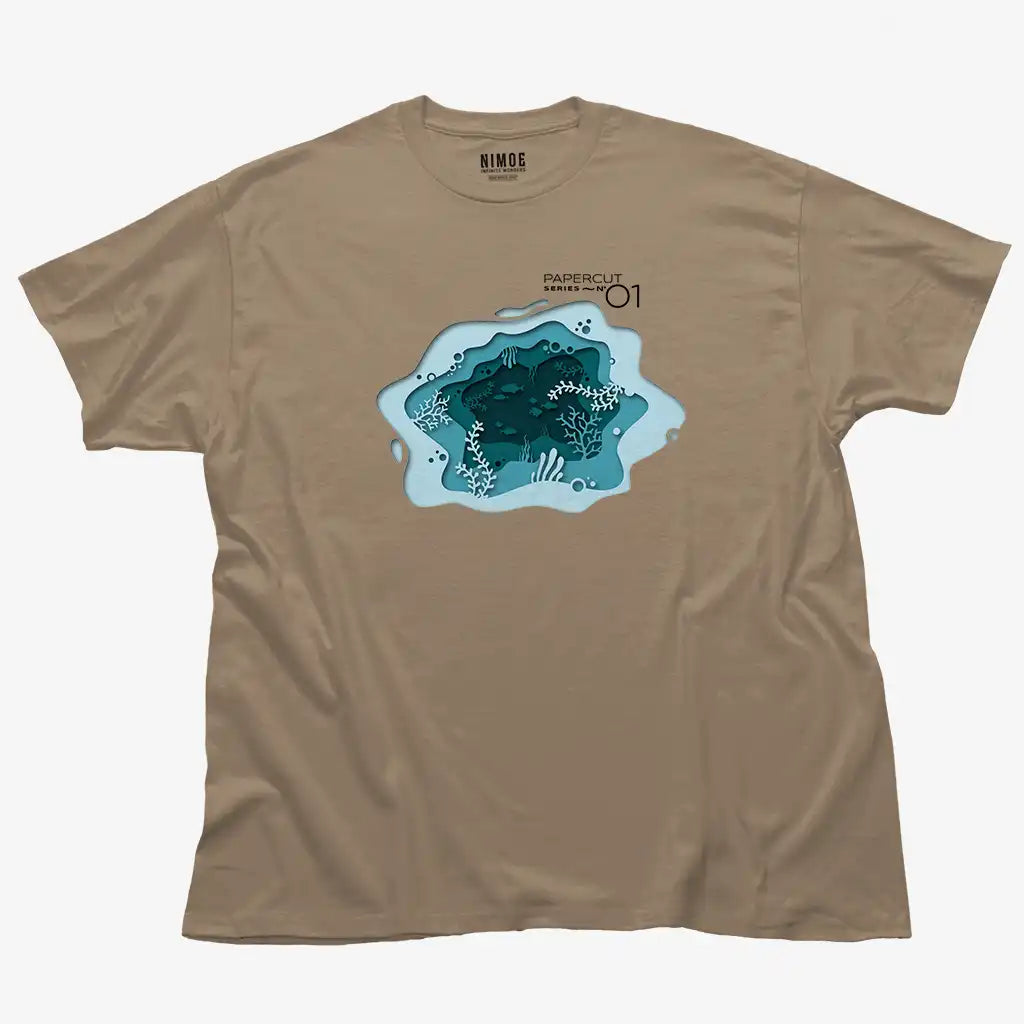 Papercut N.01 unisex classic t-shirt in brown savana color displaying papercut illustration design.
