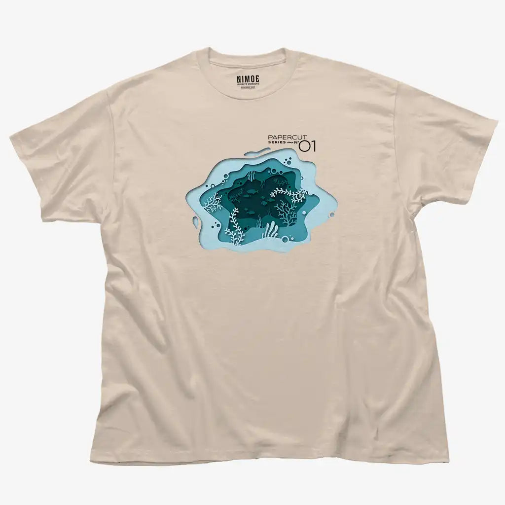 Papercut N.01 unisex classic t-shirt in natural color displaying papercut illustration design.