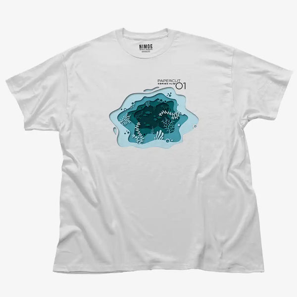 Papercut N.01 unisex classic t-shirt in white color displaying papercut illustration design.