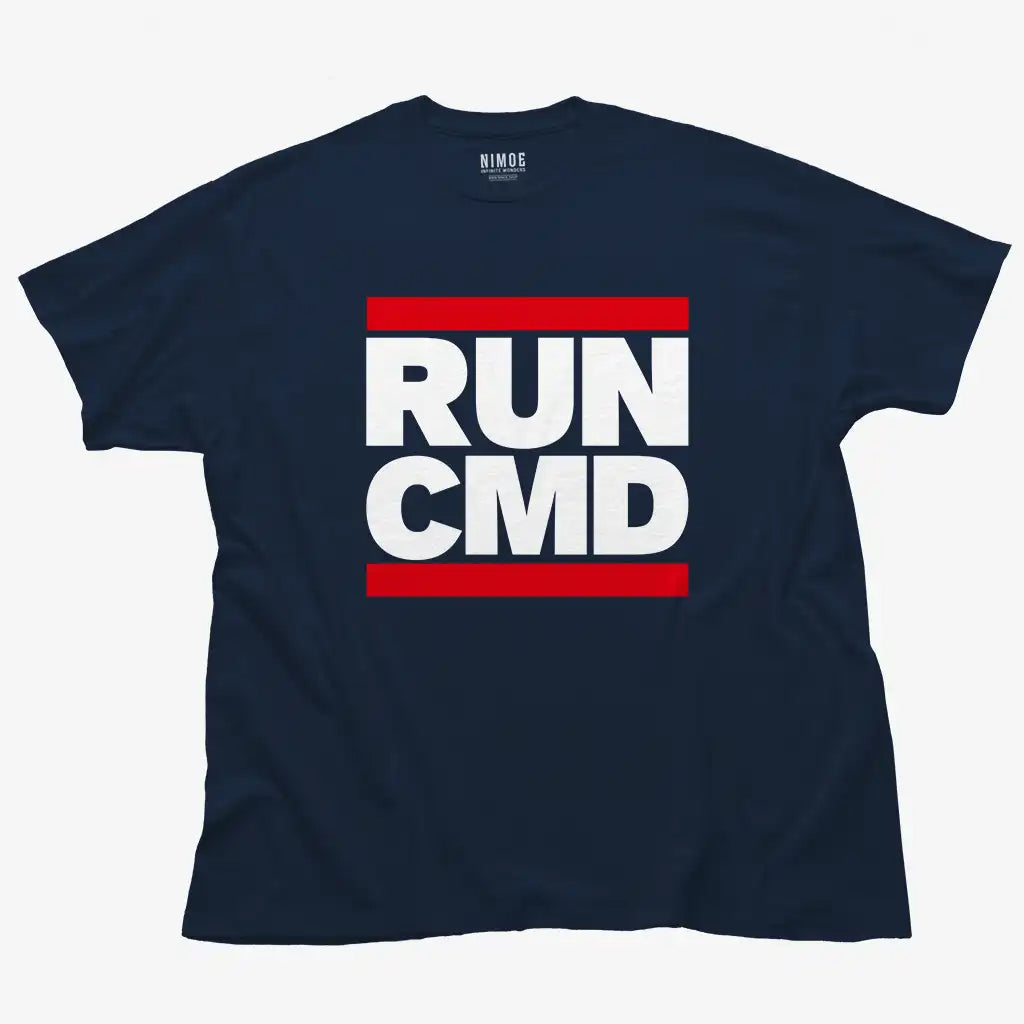 Run cmd unisex classic t-shirt in navy color displaying typography design.