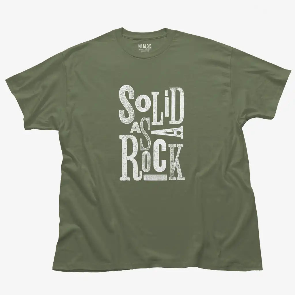 Solid as a rock unisex classic t-shirt in military green color displaying typography design stamp texture.