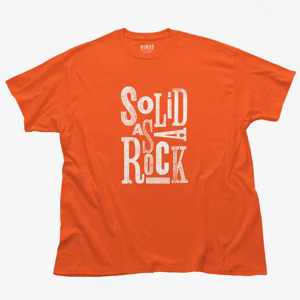 Solid as a rock unisex classic t-shirt in orange color displaying typography design stamp texture.