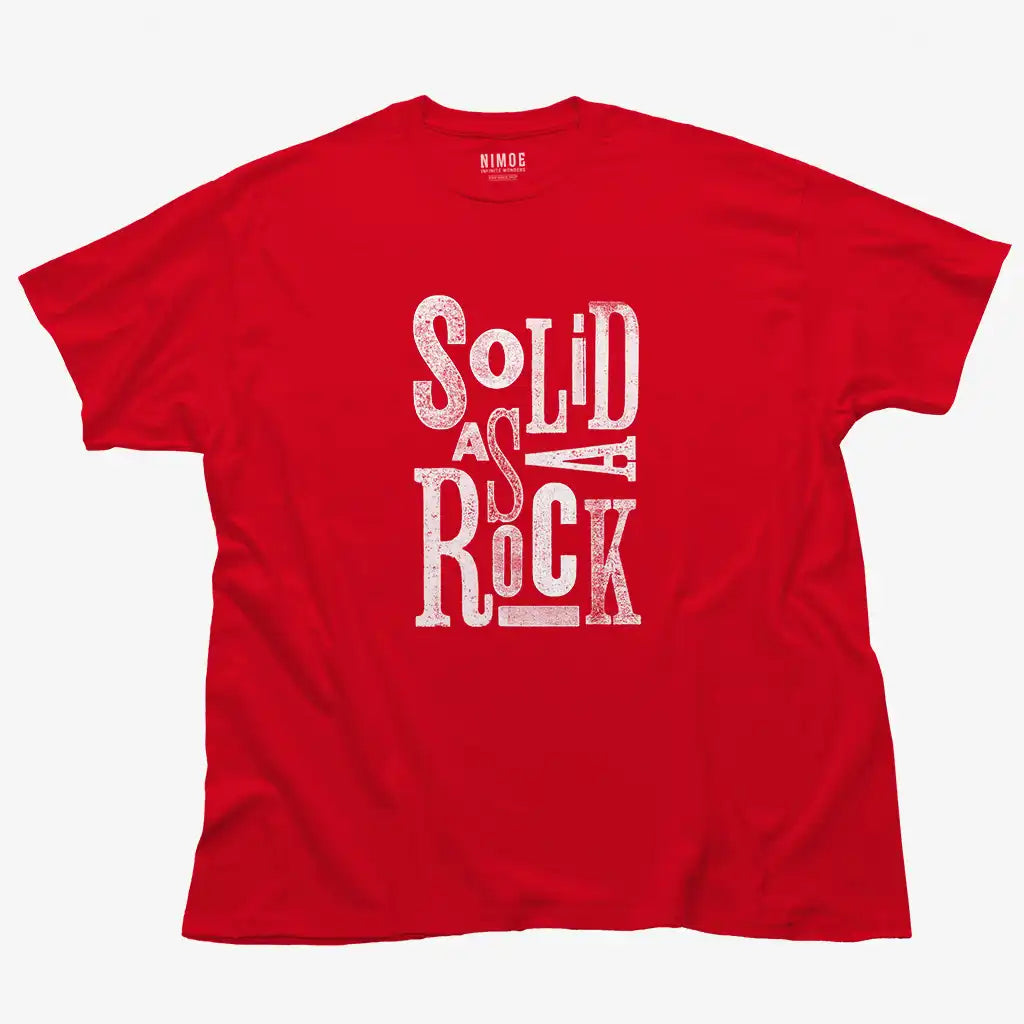 Solid as a rock unisex classic t-shirt in red color displaying typography design stamp texture.