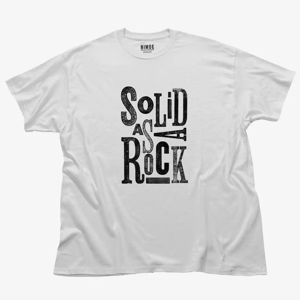 Solid as a rock unisex classic t-shirt in white color displaying typography design stamp texture.